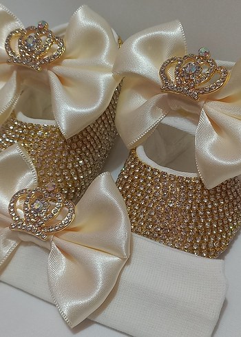 Kız Bebek Ekru Fiyonklu Ayakkabı ve Bandana - Görsel 5