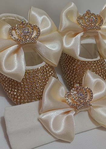 Kız Bebek Ekru Fiyonklu Ayakkabı ve Bandana - Görsel 2