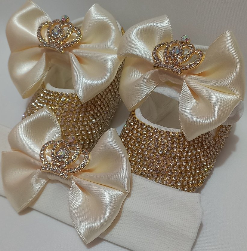 Kız Bebek Ekru Fiyonklu Ayakkabı ve Bandana - Görsel 5