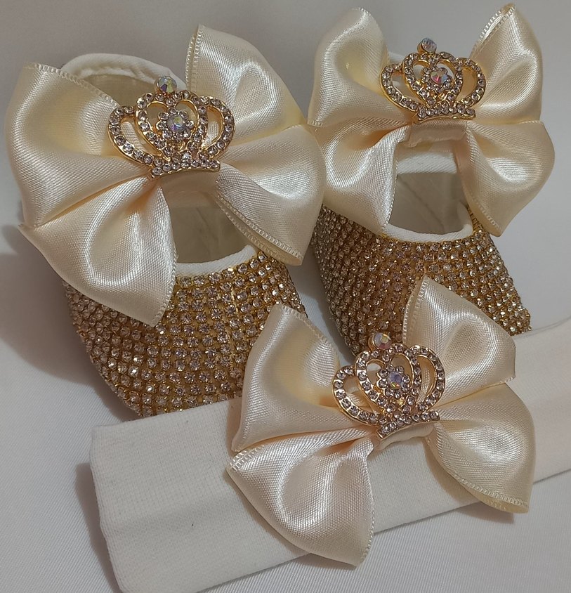 Kız Bebek Ekru Fiyonklu Ayakkabı ve Bandana - Görsel 2