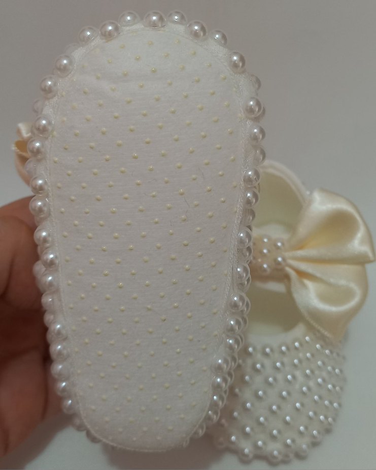 İnci Detaylı, Krem Kurdeleli Kız Bebek Ayakkabısı - Görsel 3