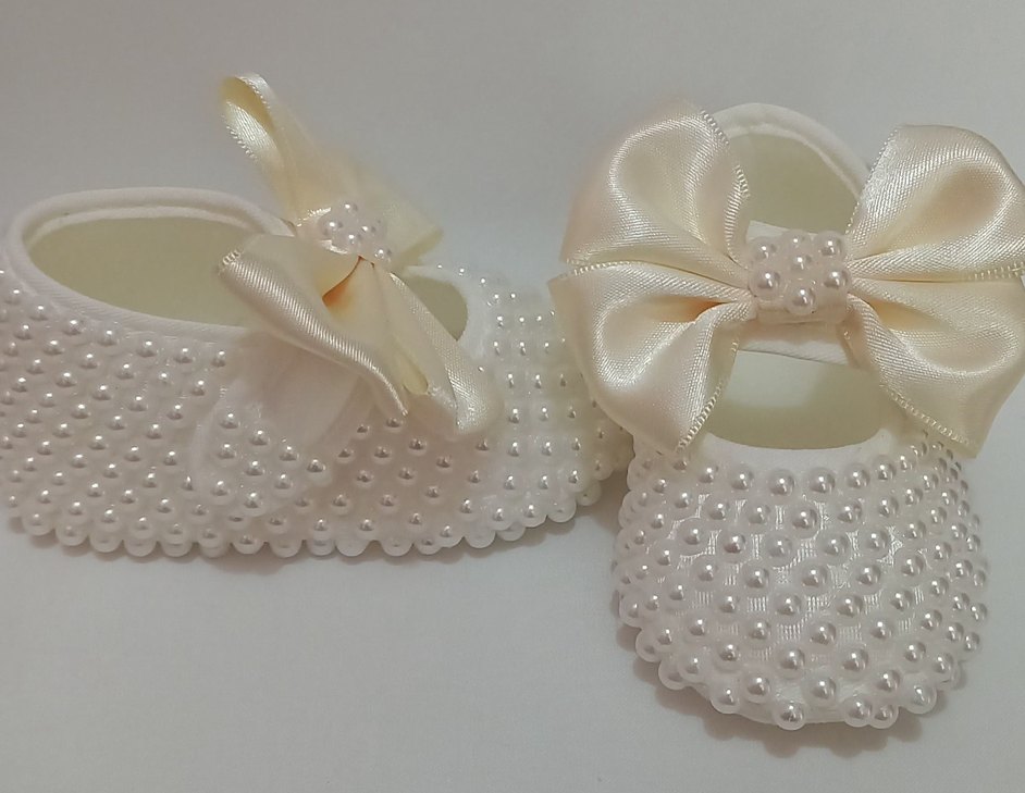 İnci Detaylı, Krem Kurdeleli Kız Bebek Ayakkabısı - Görsel 2