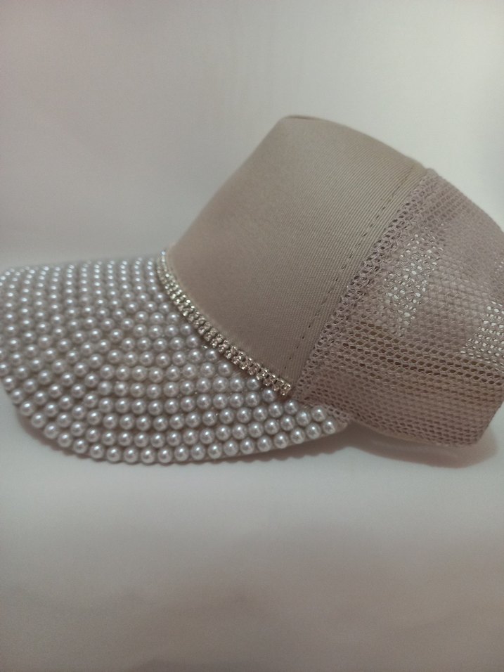 İnci ve Zirkon Taş İşlemeli Bej Kadın Şapka - Görsel 3