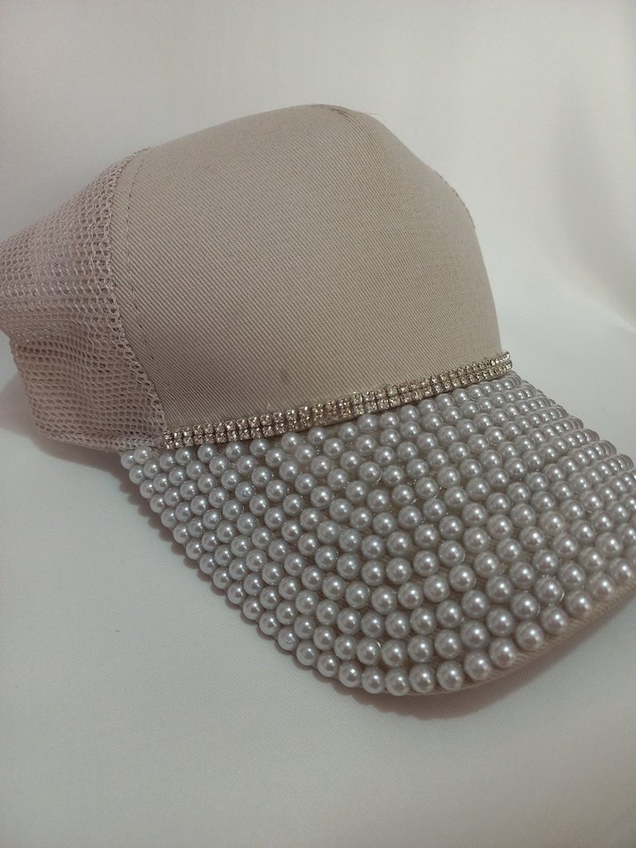 İnci ve Zirkon Taş İşlemeli Bej Kadın Şapka - Görsel 2