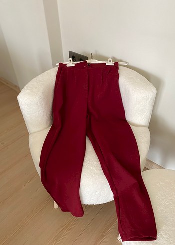 Bordo Keten Midi Bol Kesim Kadın Pantolon