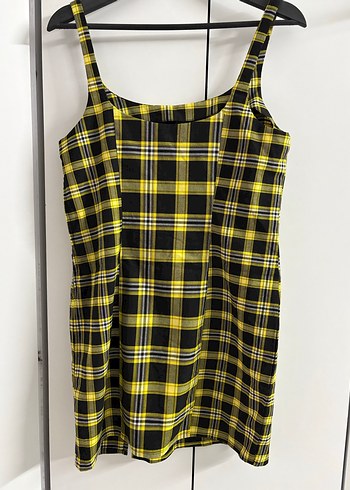 H&M Sarı Siyah Ekose Mini Elbise
