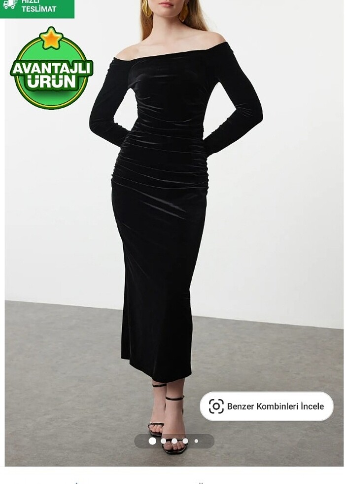 Siyah vücuda oturan kadife midi elbise - Görsel 1