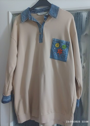 Bej Denim Detaylı Uzun Kollu Kadın sweat