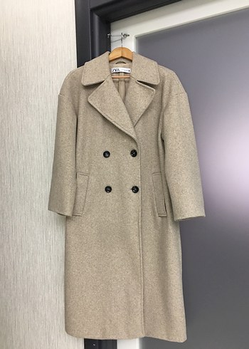 Zara Bej Çift Düğmeli Uzun Kaban