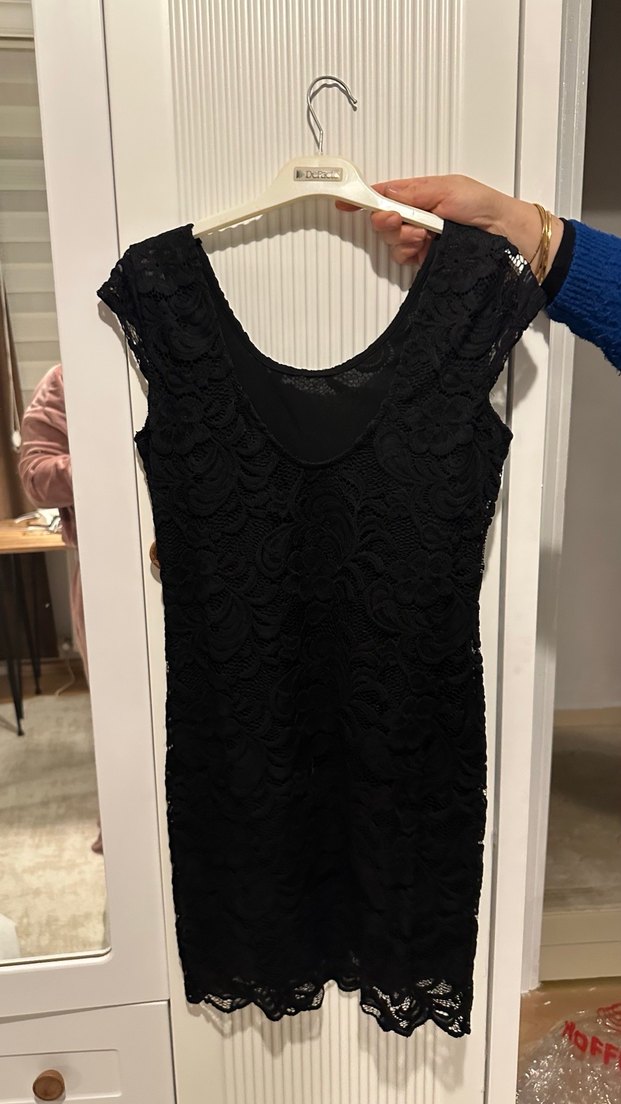 Dantel Detaylı Siyah Midi Elbise HM - Görsel 2
