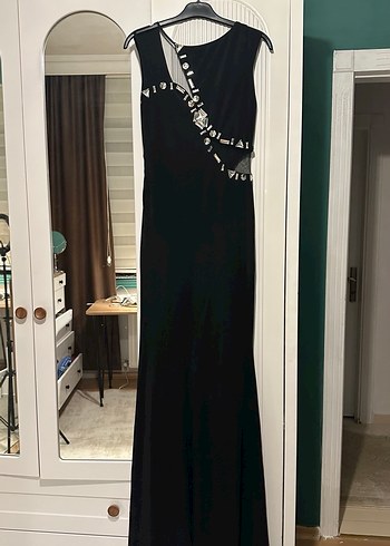 Kadın Mavi Siyah Uzun Drapeli Straplez Elbise - Görsel 8