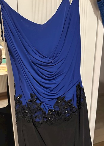 Kadın Mavi Siyah Uzun Drapeli Straplez Elbise - Görsel 3