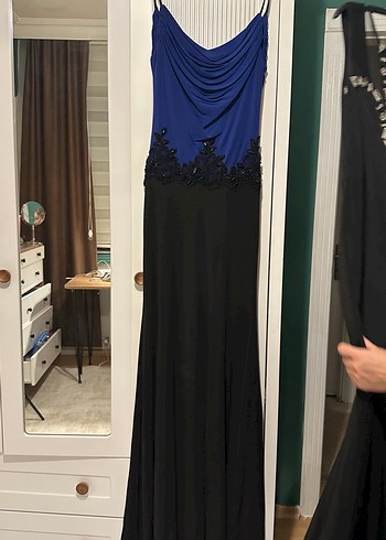 Kadın Mavi Siyah Uzun Drapeli Straplez Elbise - Görsel 6