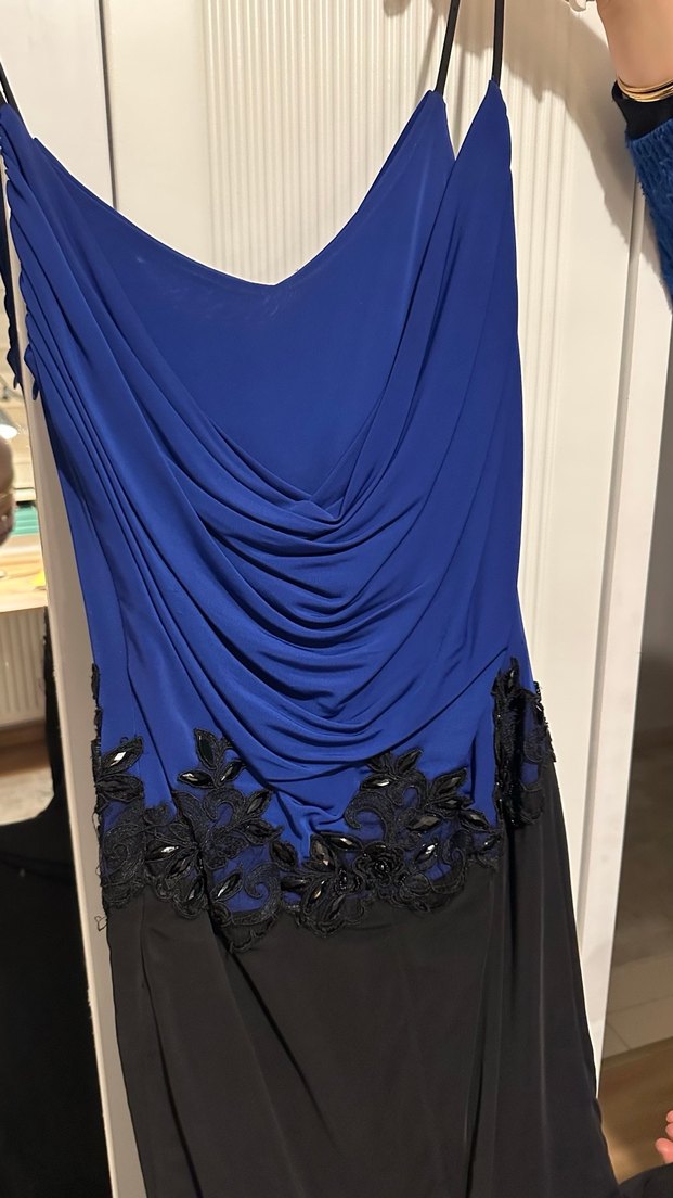 Kadın Mavi Siyah Uzun Drapeli Straplez Elbise - Görsel 3
