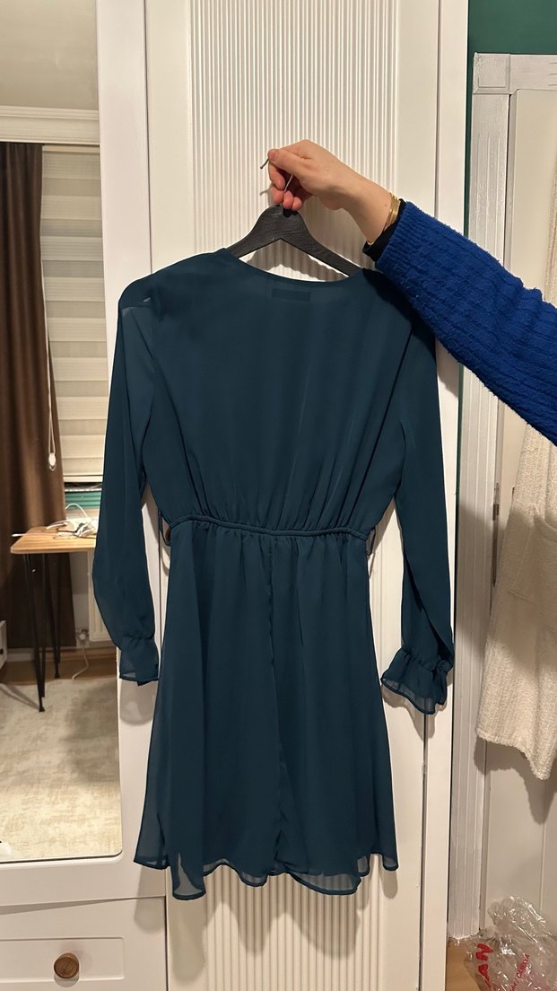 Turkuaz V Yaka Uzun Abiye Elbise - Görsel 2