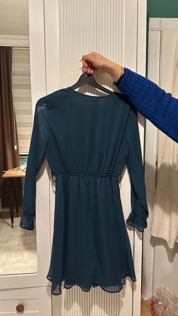 Turkuaz V Yaka Uzun Abiye Elbise - Görsel 4