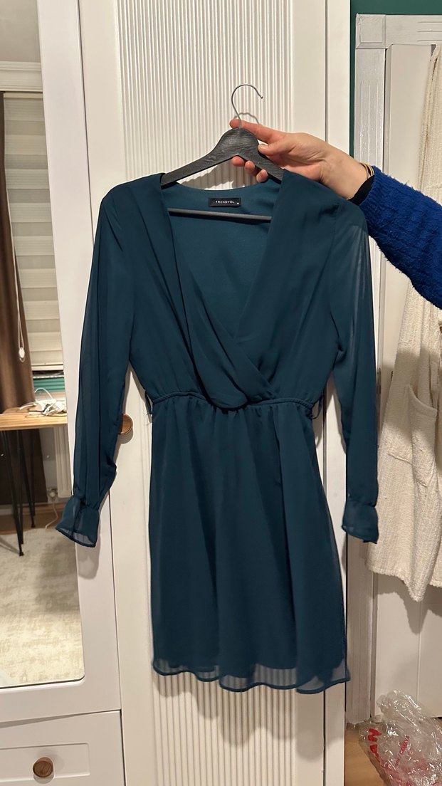 Turkuaz V Yaka Uzun Abiye Elbise - Görsel 5