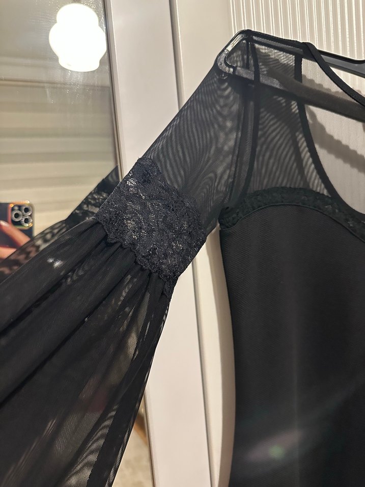 Dantelli Siyah Uzun Kollu Midi Elbise - Görsel 5