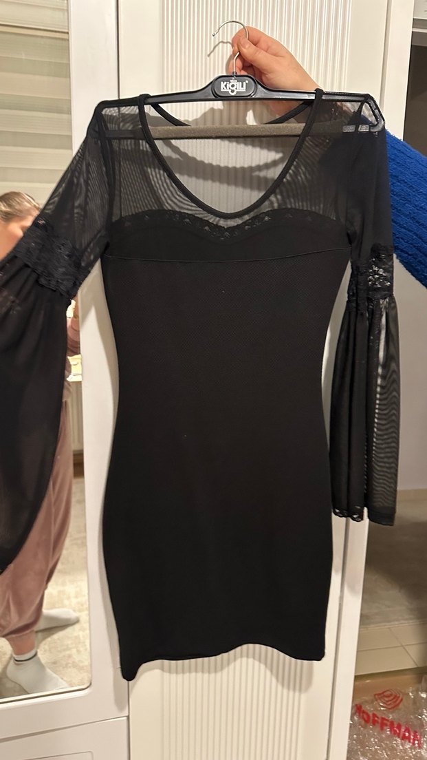 Dantelli Siyah Uzun Kollu Midi Elbise - Görsel 2