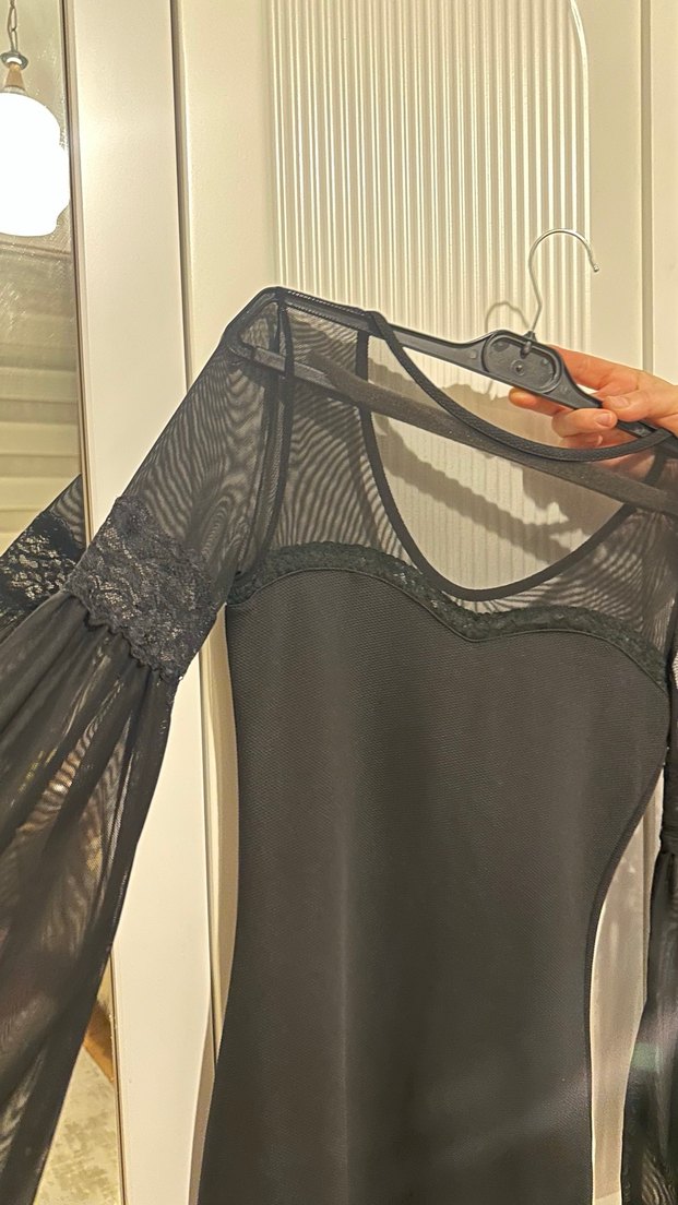 Dantelli Siyah Uzun Kollu Midi Elbise - Görsel 4