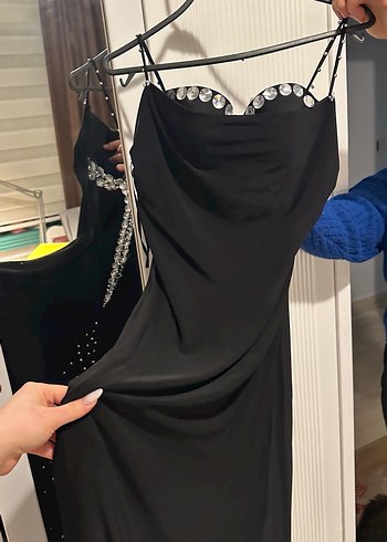Drapeli Siyah Straplez Midi Abiye Elbise - Görsel 2