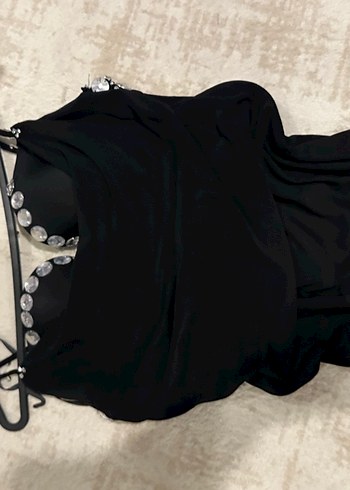 Drapeli Siyah Straplez Midi Abiye Elbise - Görsel 9