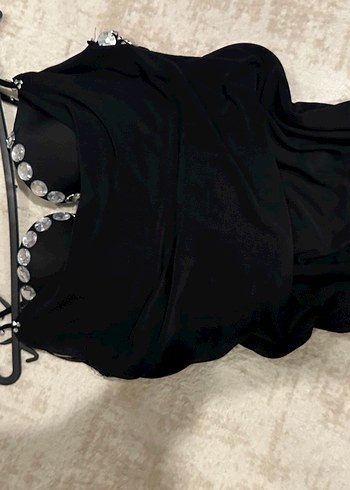 Drapeli Siyah Straplez Midi Abiye Elbise - Görsel 7