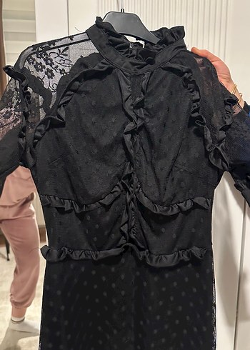 Uzun Kollu Siyah Gotik Fırfırlı Elbise - Görsel 3