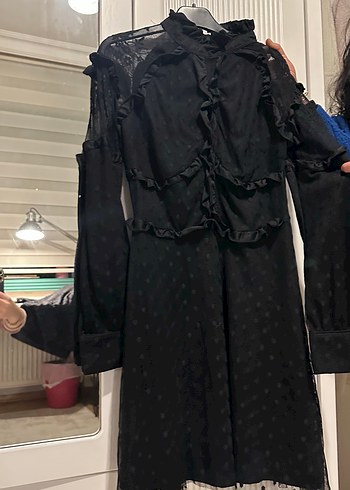 Uzun Kollu Siyah Gotik Fırfırlı Elbise - Görsel 2