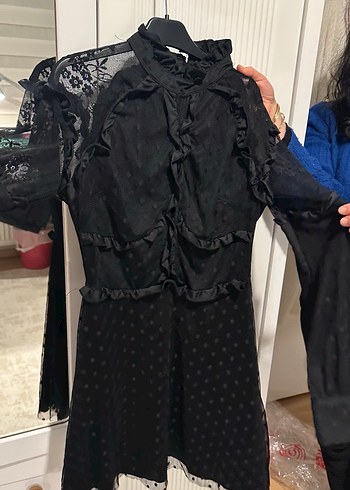 Uzun Kollu Siyah Gotik Fırfırlı Elbise - Görsel 4