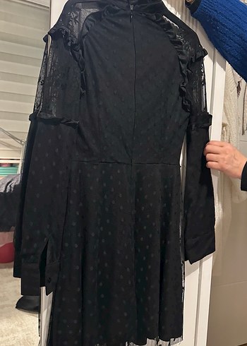 Uzun Kollu Siyah Gotik Fırfırlı Elbise - Görsel 5