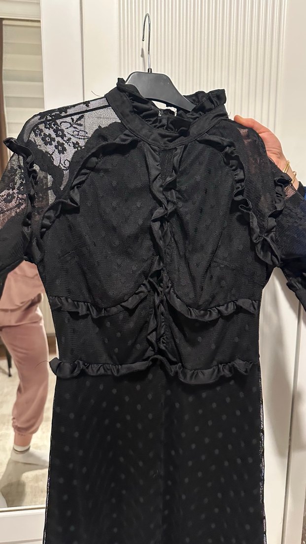 Uzun Kollu Siyah Gotik Fırfırlı Elbise - Görsel 3
