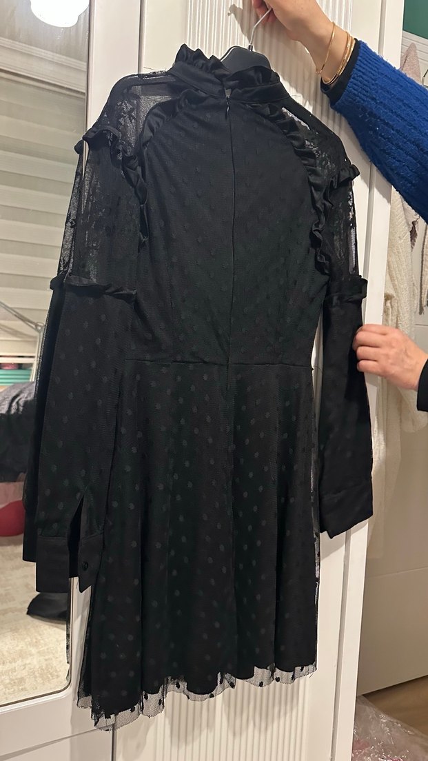 Uzun Kollu Siyah Gotik Fırfırlı Elbise - Görsel 5