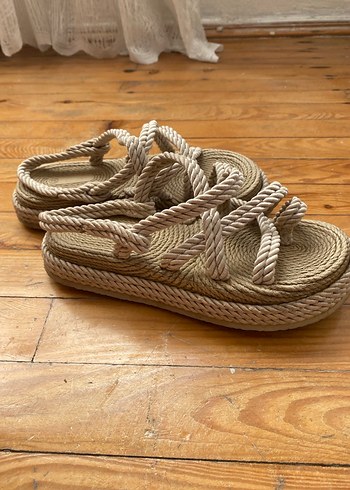 Bohem Tarz Gri Kadın Platform hasir Sandalet - Görsel 2