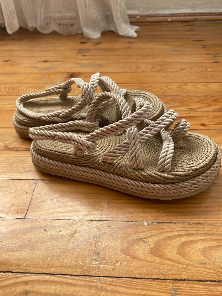 Bohem Tarz Gri Kadın Platform hasir Sandalet - Görsel 2