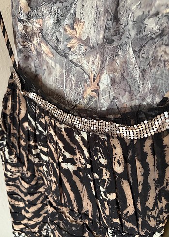 Kahverengi Desenli Askılı mini  Elbise - Görsel 2