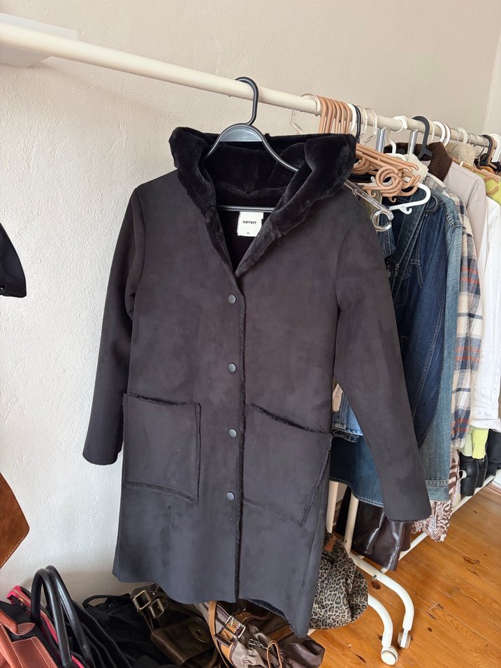 Siyah Süet Kadın Midi Kaban - Görsel 2