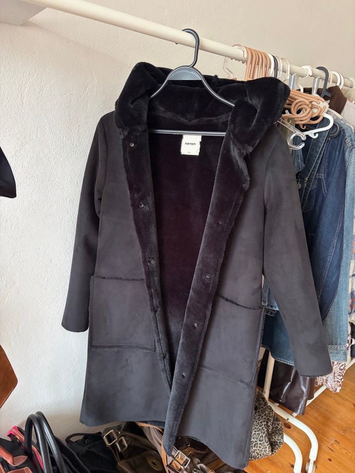 Siyah Süet Kadın Midi Kaban - Görsel 5