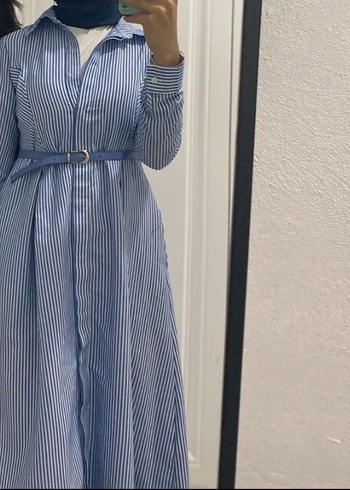 Mavi Uzun Kollu Etnik Desenli Denim Elbise