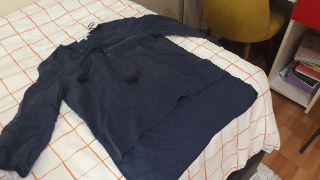 Düğmeli Koyu Mavi Keten Kadın Gömlek - Görsel 2