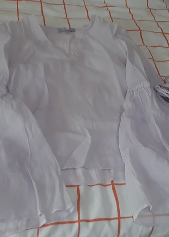 Beyaz V Yaka Kadın Keten Bluz - Görsel 2