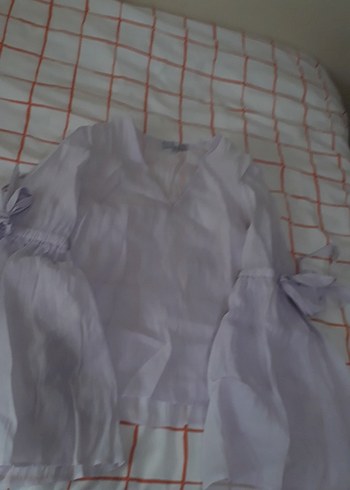 Beyaz V Yaka Kadın Keten Bluz - Görsel 3