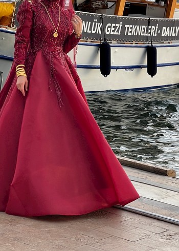 Bordo İşlemeli Uzun Kollu Drapeli Kadın Abiye - Görsel 2