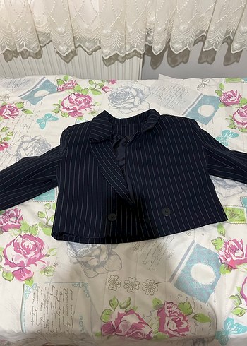Düğmeli Lacivert Çizgili Kadın Blazer Ceket s-m - Görsel 2