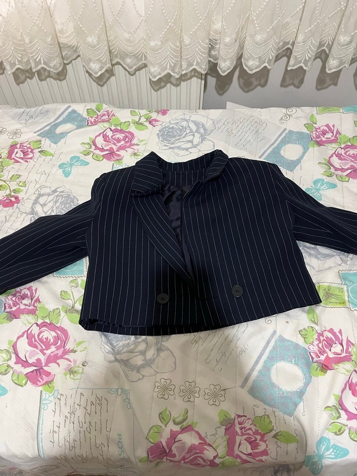 Düğmeli Lacivert Çizgili Kadın Blazer Ceket s-m - Görsel 2