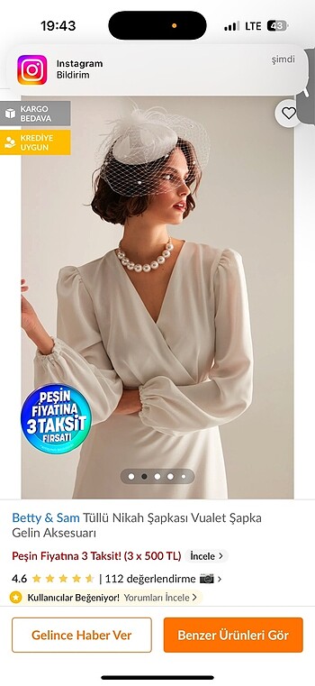 Betty&Sam tüllü nikah şapkası vualet şapka