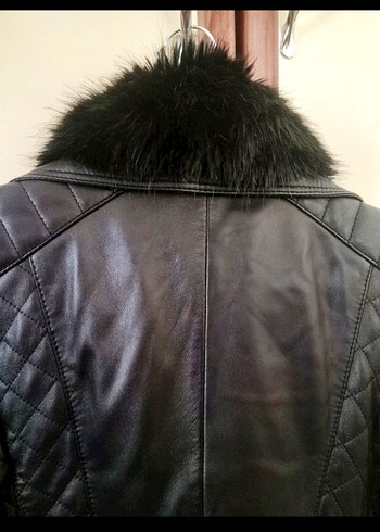 Derimod Siyah Kürklü Gerçek Deri Kadın Biker Ceket - Görsel 6