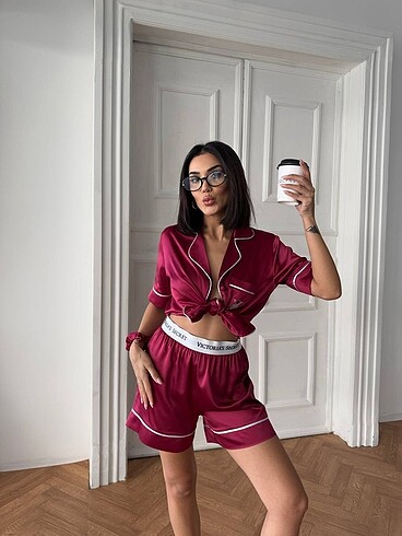 diğer Beden bordo Renk Şortlu ipek saten takım