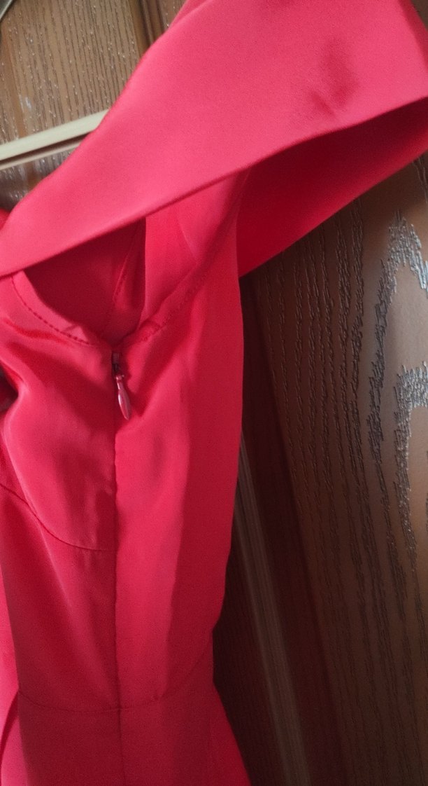 Kırmızı Drapeli Straplez Midi Elbise - Görsel 4