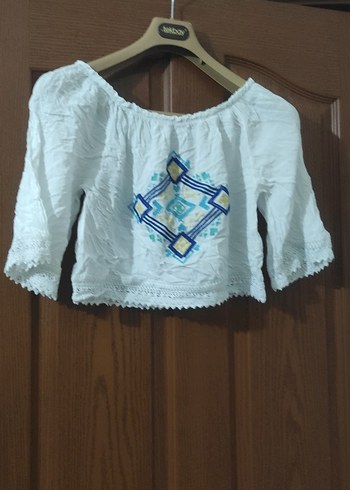 Nakışlı Bohem Beyaz Mini Bluz